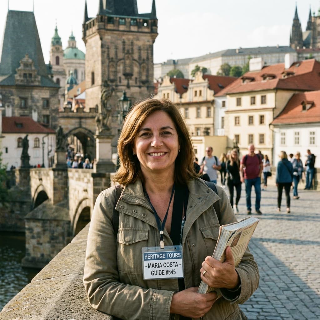 Guia de turismo exibindo seu crachá oficial do Cadastur