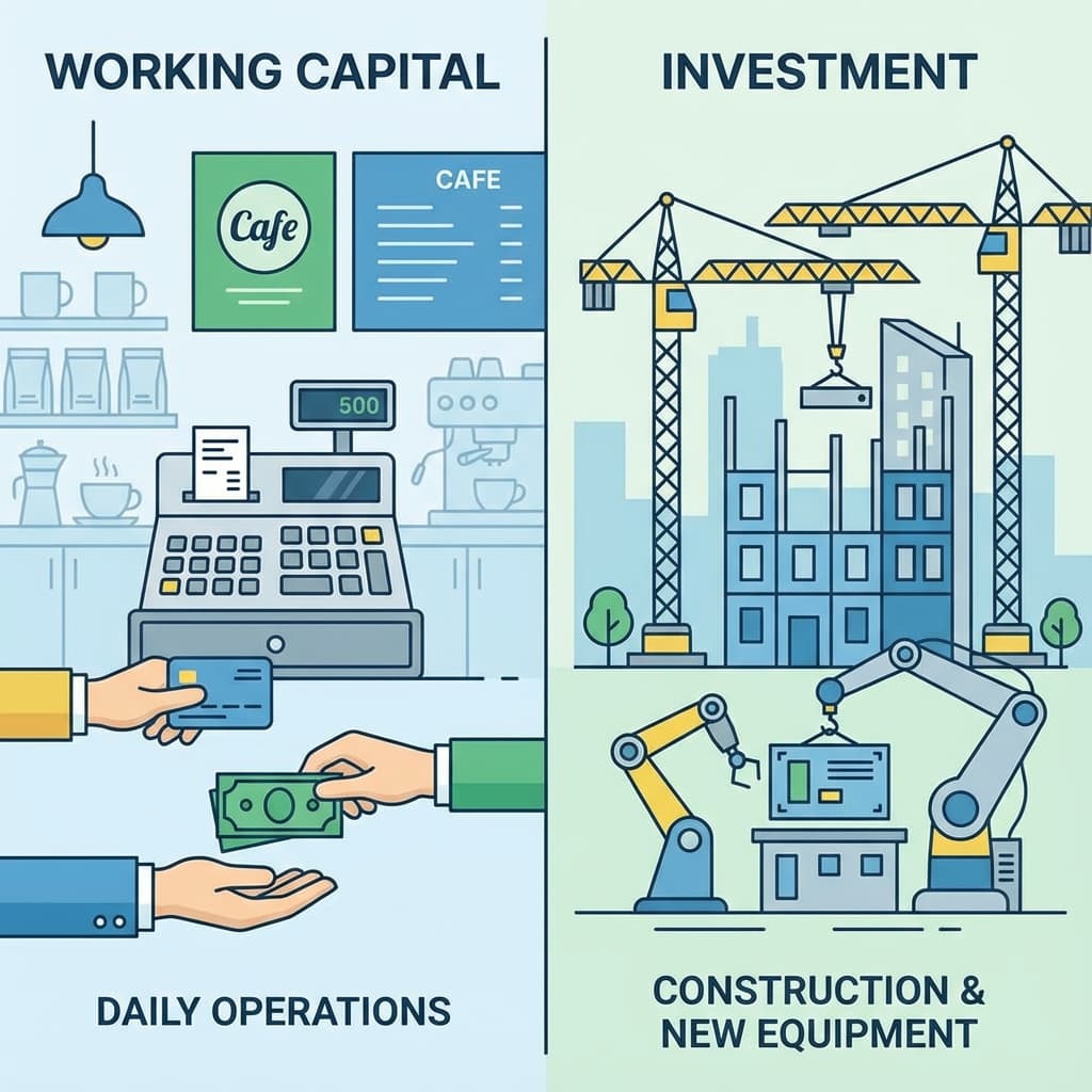 Comparativo visual entre dinheiro para operações diárias e dinheiro para obras