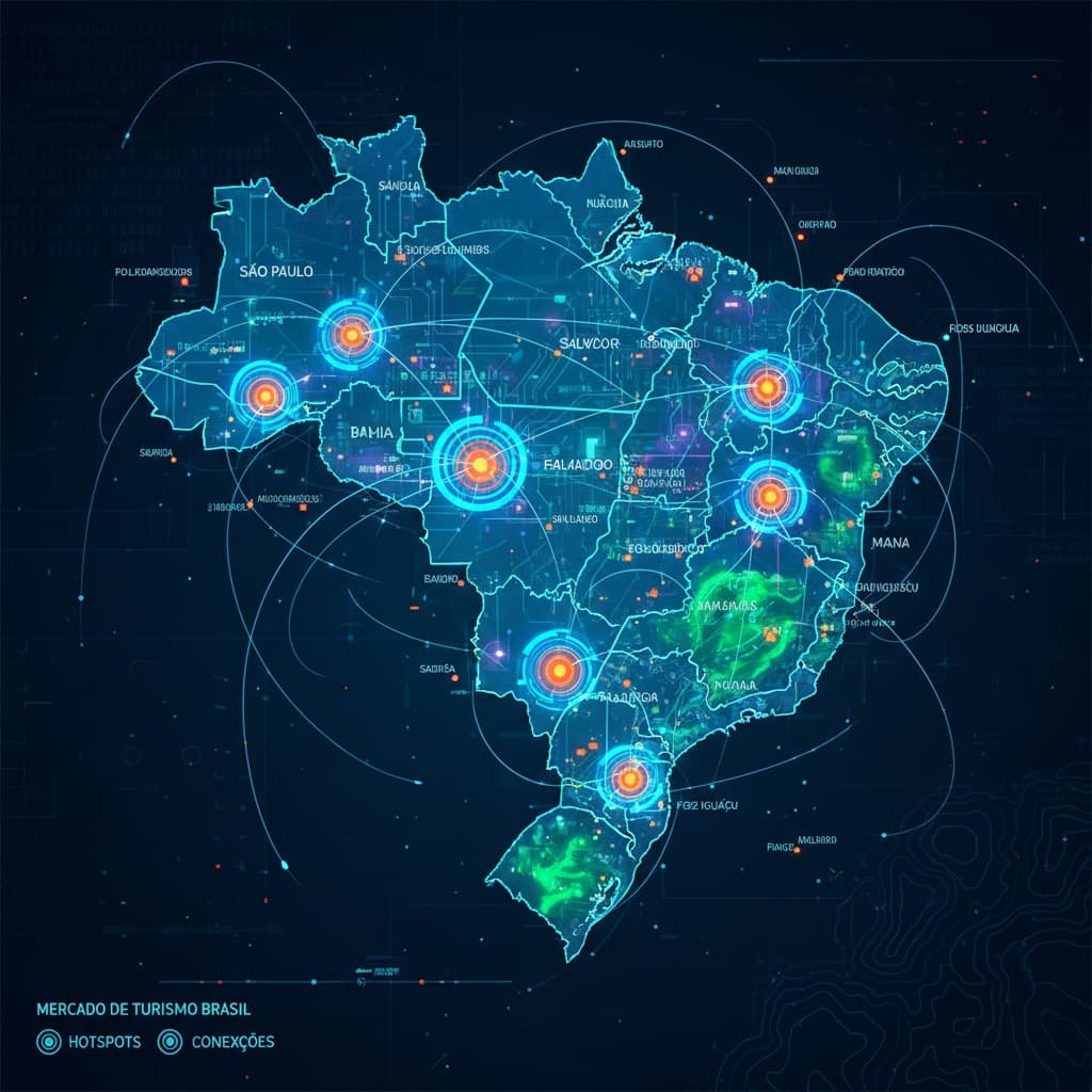 Mapa do Brasil mostrando segmentação geográfica do mercado de turismo por estado e cidade