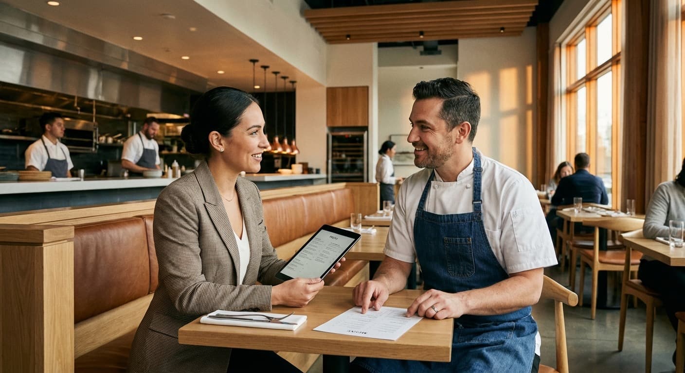 Chef de cozinha e gerente de restaurante analisando menu, representando o público-alvo de restaurantes e similares