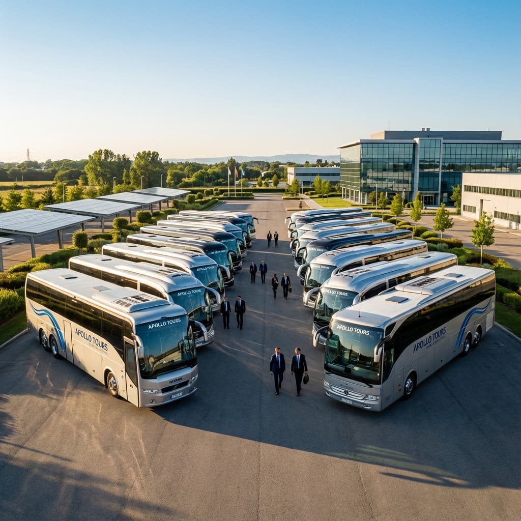 Frota de ônibus de turismo modernos estacionados, representando o alvo da prospecção