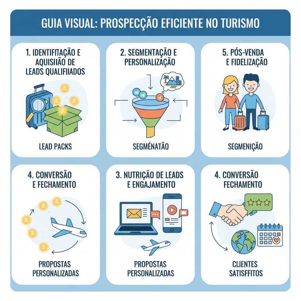 Guia visual mostrando como usar lead packs para prospecção eficiente no setor de turismo
