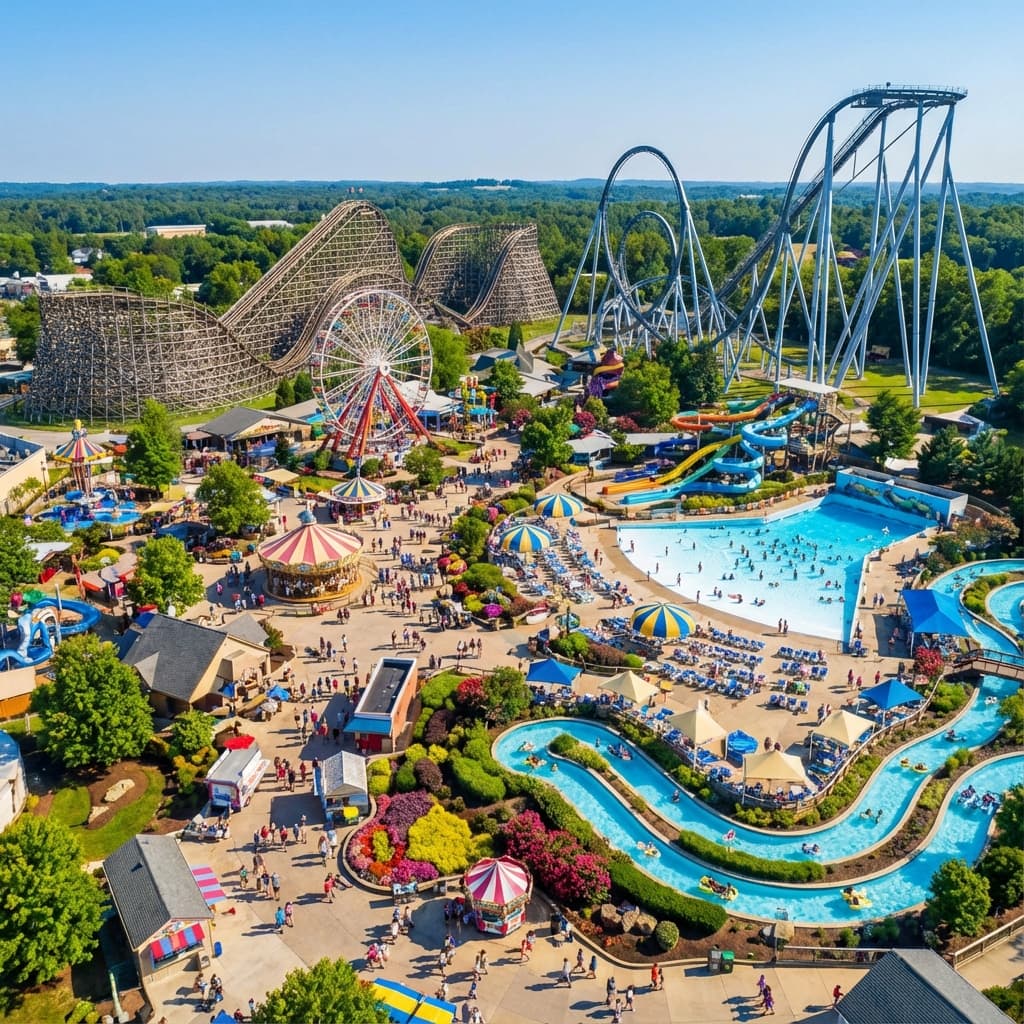Vista aérea de um parque temático movimentado, focando na infraestrutura e atrações